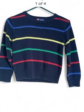 Vintage Chaps Navy Sweater with Red, Yellow, Green & Blue Stripes boys sz 6